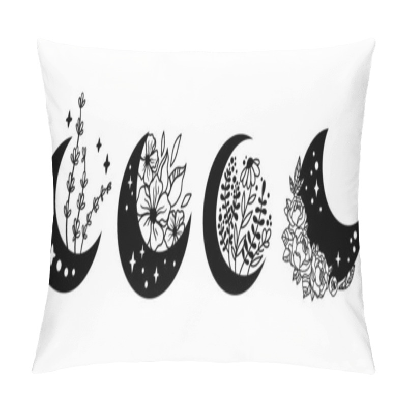 Personality  Mystical Boho Floral Moon Isolated Cliparts Bundle, Celestial Collection, Moon And Flowers Set, Magic Line Crescent Moon Bundle, Esoteric Objects - Black And White Vector Pillow Covers