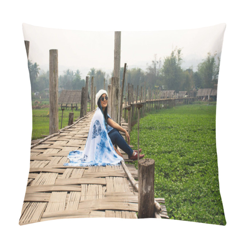 Personality  Travelers Thai Women Wearing Indigo Shawl Travel Visit And Sit On Su Tong Pae Bamboo Wooden Bridge For Take Photo At Phu Sa Ma Temple While PM 2.5 Dust Situation At Pai City In Mae Hong Son, Thailand Pillow Covers