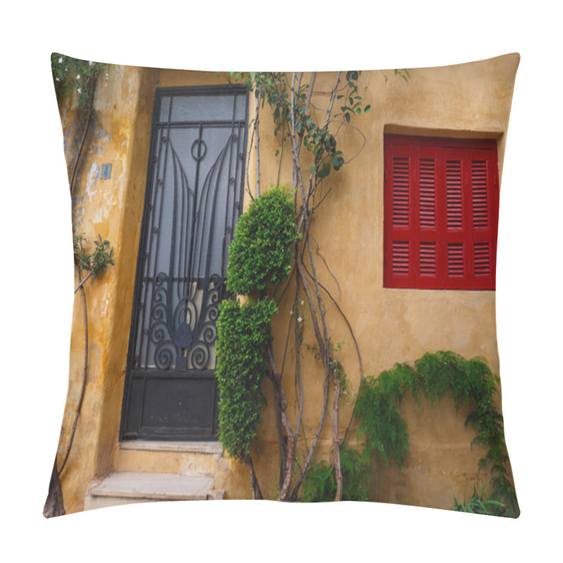 Personality  Plants And An Old Building In Anafiotika Neighborhood In The Old Town Of Athens, Greece. Pillow Covers