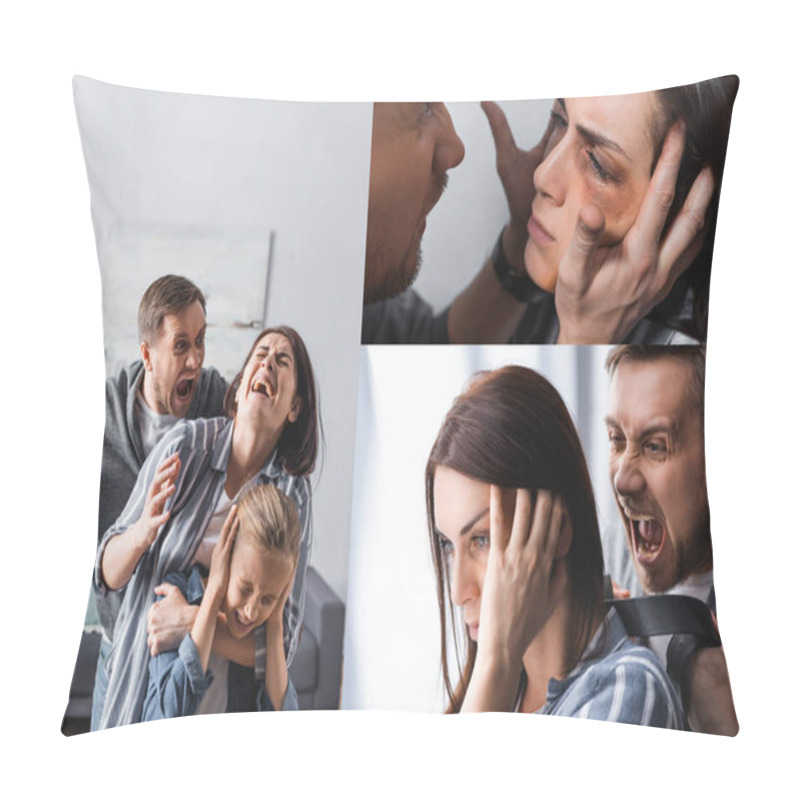 Personality  Collage Of Angry Man Holding Waist Belt Near Wife With Bruises And Scared Kid At Home  Pillow Covers