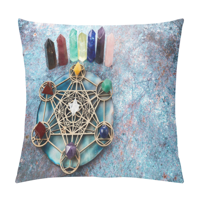 Personality  Meditation, Reiki And Crystal Healing Background. Healing Crystals Grid. Pillow Covers