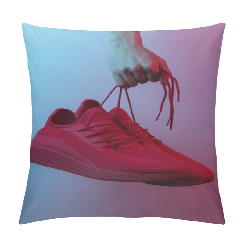 Personality  Female Hand Holds Red Sports Sneakers By The Laces. Creative Pop Art Pink Blue Neon Color. Trendy Gradient Illumination. Night Light Pillow Covers