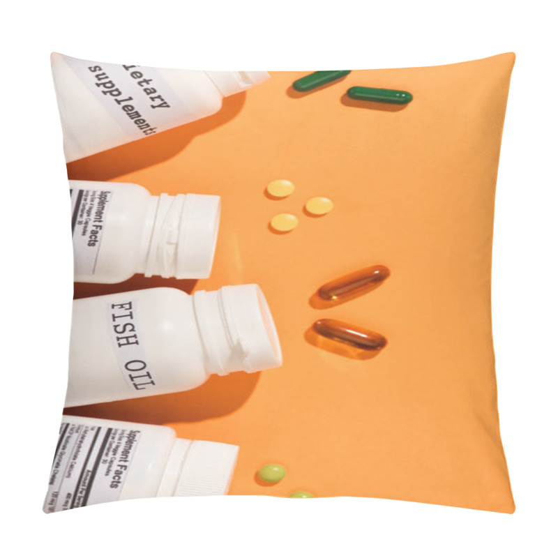 Personality  Top View Of Containers With Fish Oil And Dietary Supplements Lettering Near Pills On Orange Background Pillow Covers