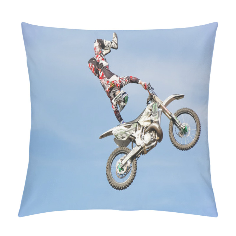 Personality  PENZA, RUSSIA - JUNE 18, 2011: Freestyle MotoX Trick. Motorshow Night Of The Jumps Pillow Covers