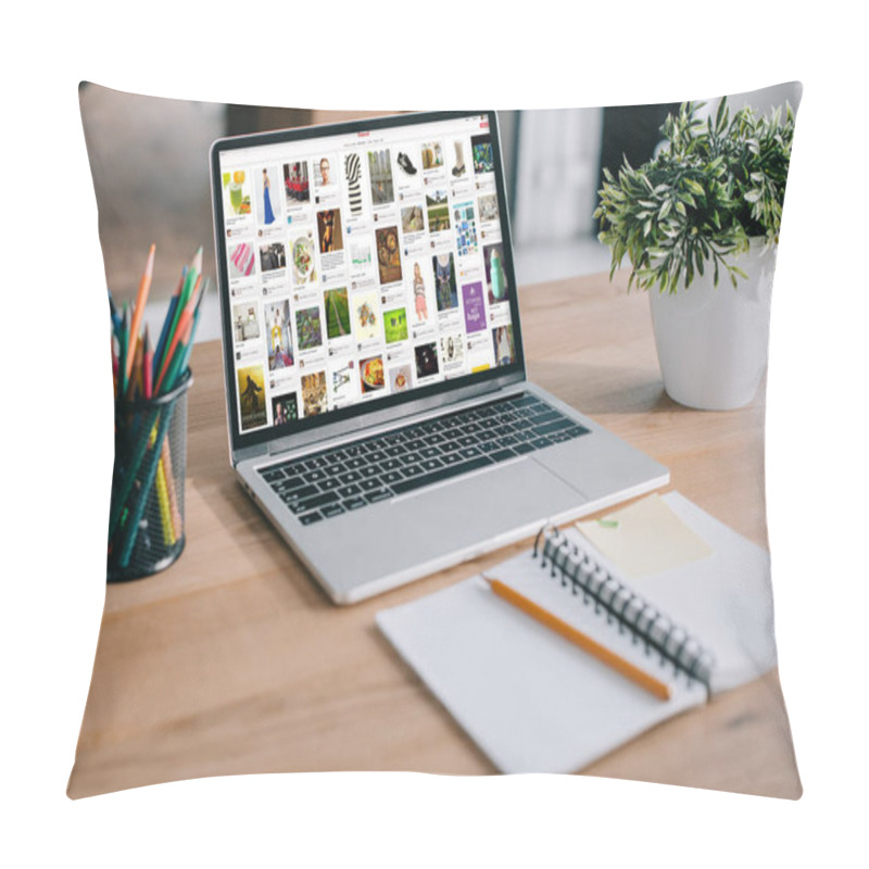 Personality  Laptop With Pinterest Website Standing On Workplace In Office Pillow Covers