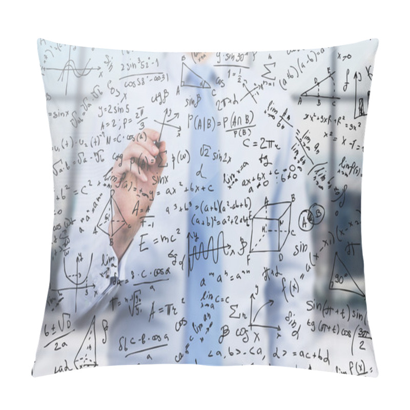 Personality  Quantitative Analyst Is Drawing Different Math Formulas On The Glass Screen. A Concept Of Professional Financial Consulting Services. Pillow Covers