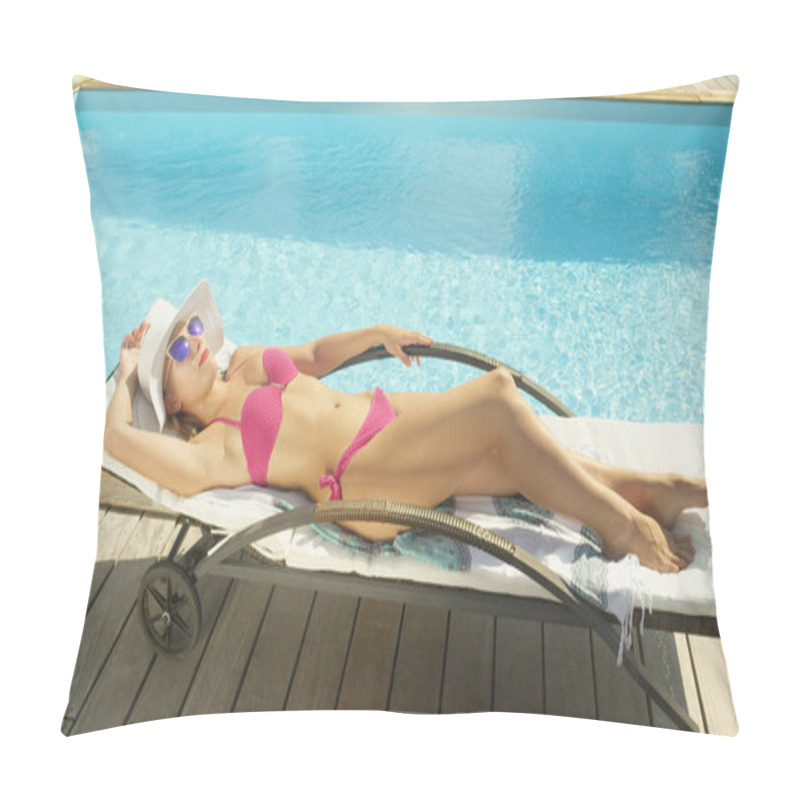 Personality  Sexy Young Caucasian Woman In A Pink Bikini Enjoying Being Alone By The Luxury Pool. Fit Girl Reclining And Sun Tanning On A Perfect Summer Day. Gorgeous Blonde Female Tourist Having Fun Sunbathing. Pillow Covers