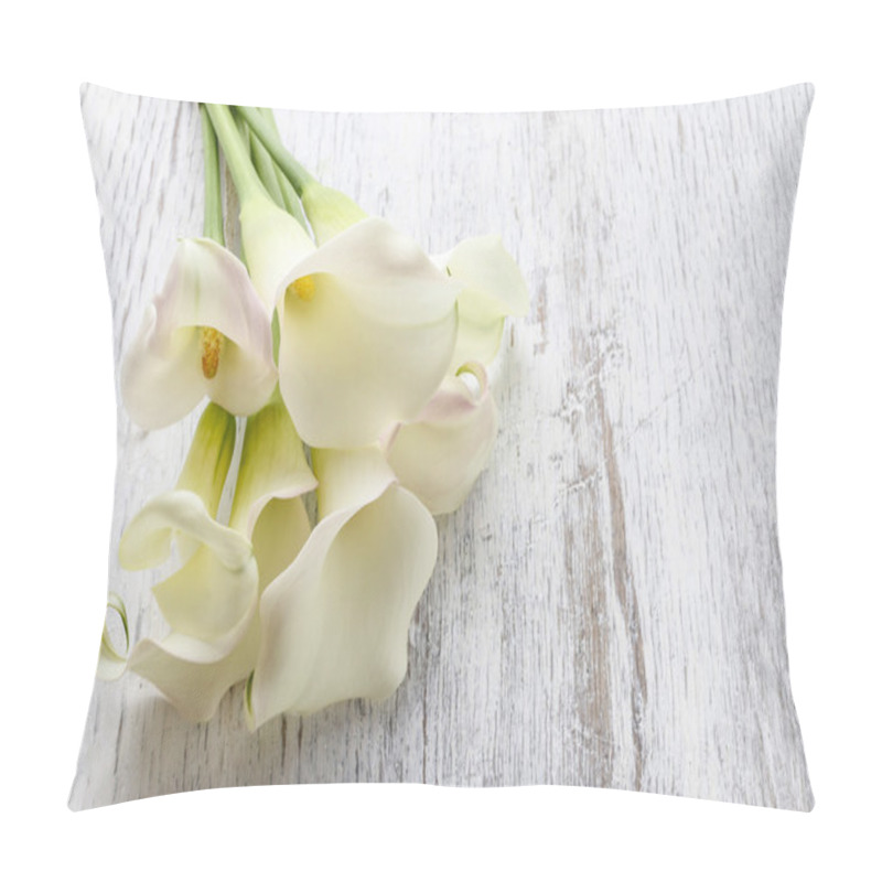 Personality  Bouquet Of White Calla Flowers (Zantedeschia) On White Wooden Ta Pillow Covers