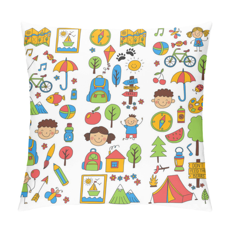 Personality  Summer Camp Children, Kids Camping Children Plays, Hiking, Singing, Fishing, Walking, Drawing, Having Fun After School Summer Advetures Pillow Covers