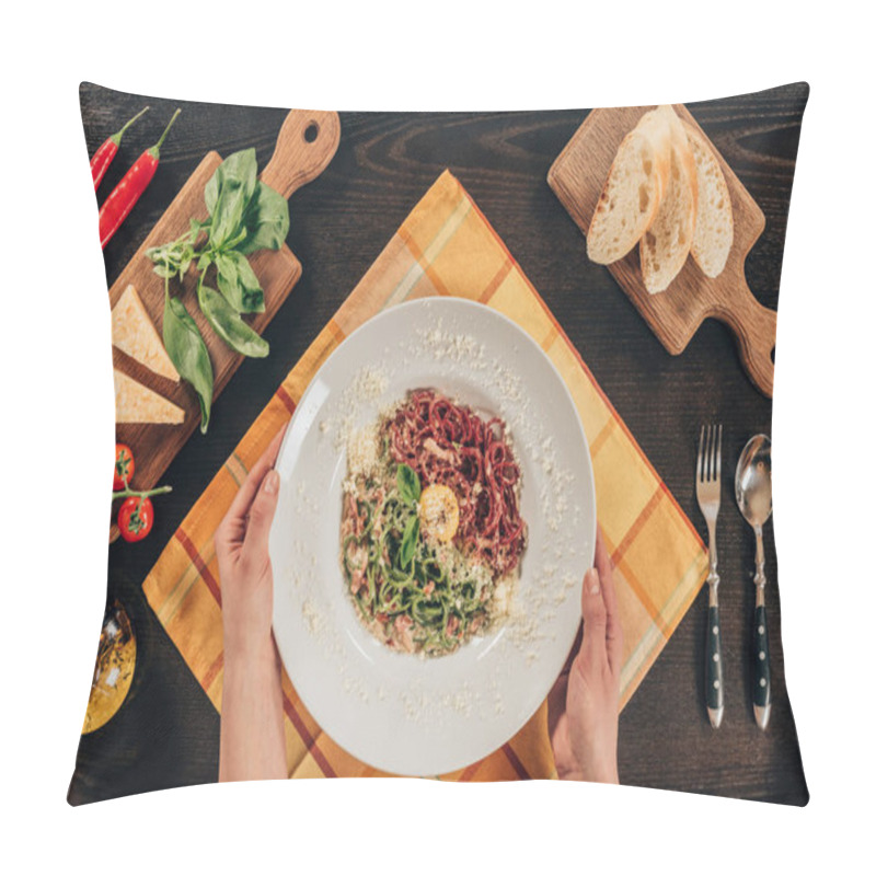 Personality  Cropped Image Of Woman Holding Plate With Pasta, Bacon And Parmesan Cheese Pillow Covers