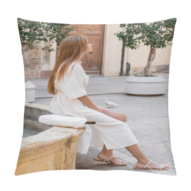 Personality  Side View Of Redhead Woman In White Dress Sitting Near Fountain On Street Of Valencia Pillow Covers