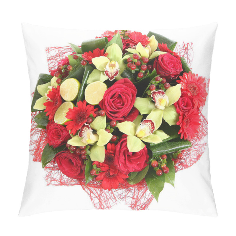 Personality  Floral Compositions Of Red Roses, Red Gerberas And Orchids. Floristic Composition, Design A Bouquet, Floral Arrangement. Isolated On White Background. Pillow Covers