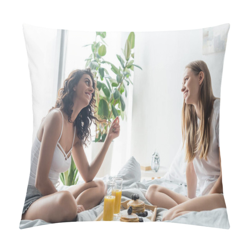 Personality  Cheerful Lesbian Couple Looking At Each Other Near Tray With Breakfast  Pillow Covers