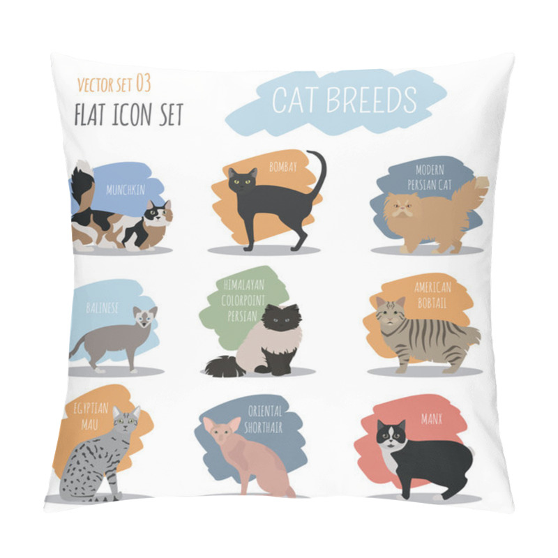 Personality  Cat Breeds Icon Set Flat Style Pillow Covers