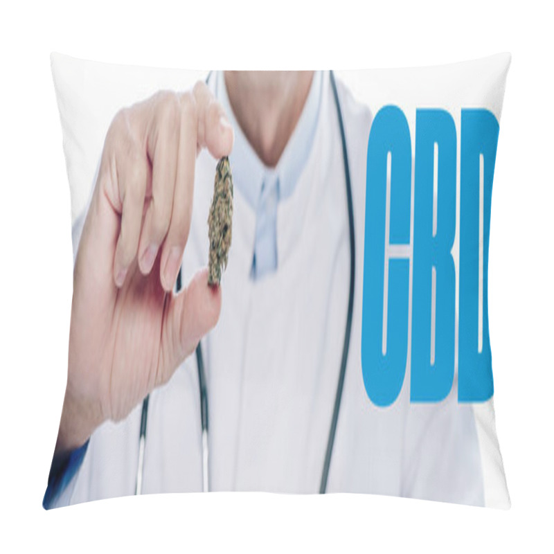 Personality  Panoramic Shot Of Doctor In White Coat Holding Medical Marijuana Bud Isolated On White With CBD Word Pillow Covers