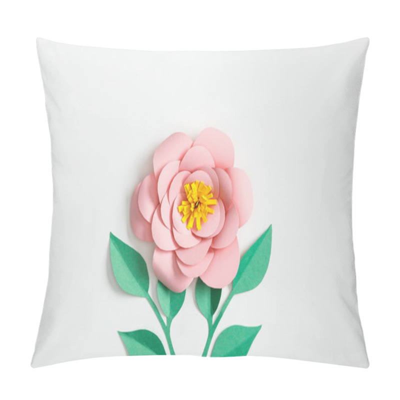 Personality  Top View Of Pink Paper Flower And Green Plants On Grey Background Pillow Covers