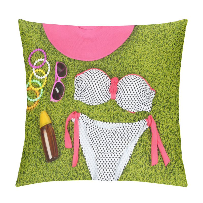 Personality  Swimsuit And Beach Items On Green Background Pillow Covers