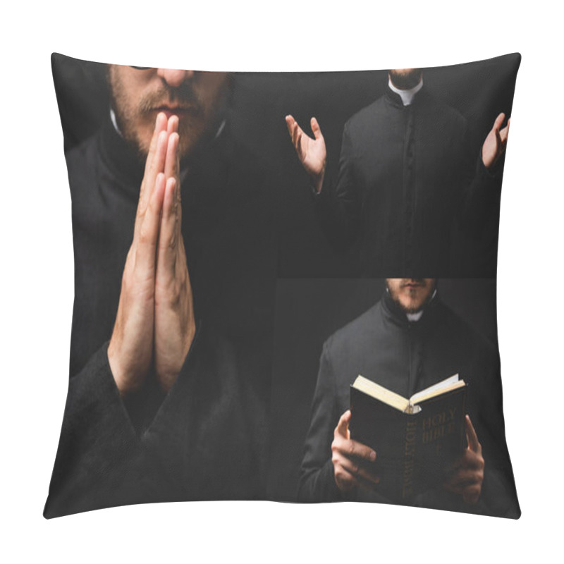 Personality  Collage Of Priest Holding Holy Bible And Standing With Praying Hands Isolated On Black  Pillow Covers