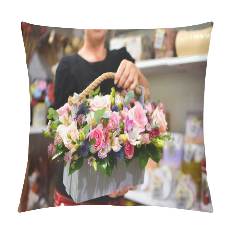 Personality  Woman With Fresh Flowers. Womens Day 8 March. Flower Bouquet In The Hands Of A Woman. Pillow Covers