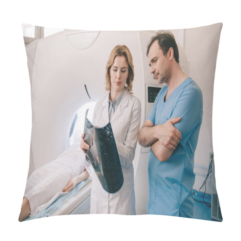 Personality  Thoughtful Doctors Looking At X-ray Diagnosis During Patients Diagnostics On Ct Scanner Pillow Covers