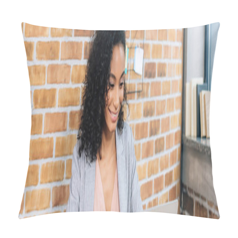 Personality  Panoramic Shot Of Beautiful African American Casual Businesswoman In Loft Office Pillow Covers