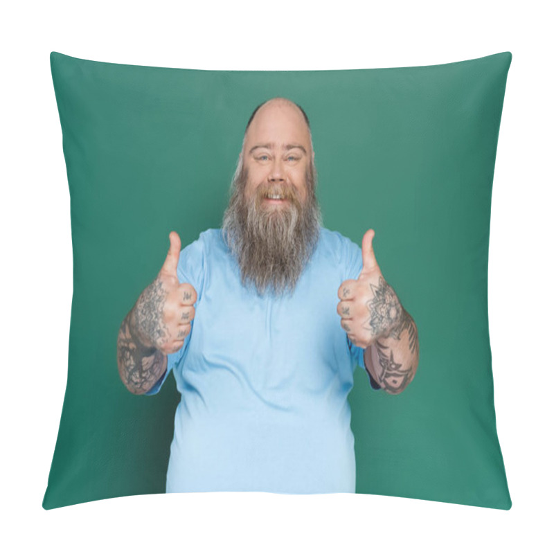 Personality  Bearded Overweight Man Showing Thumbs Up And Smiling At Camera Isolated On Green Pillow Covers