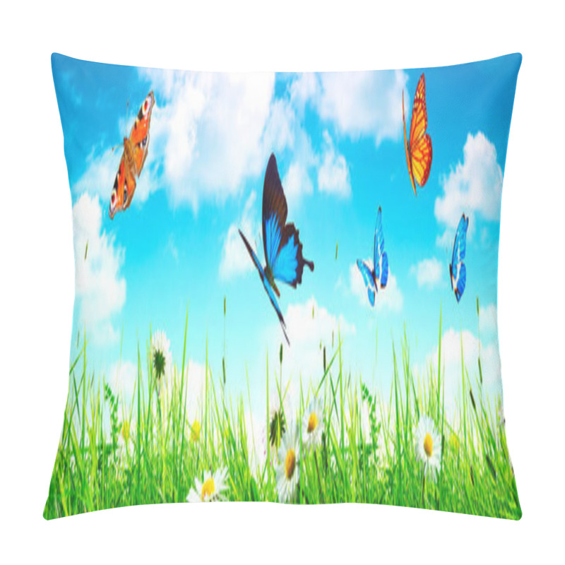 Personality  Flying Butterfly In Spring Morning. Panoramic View. Pillow Covers