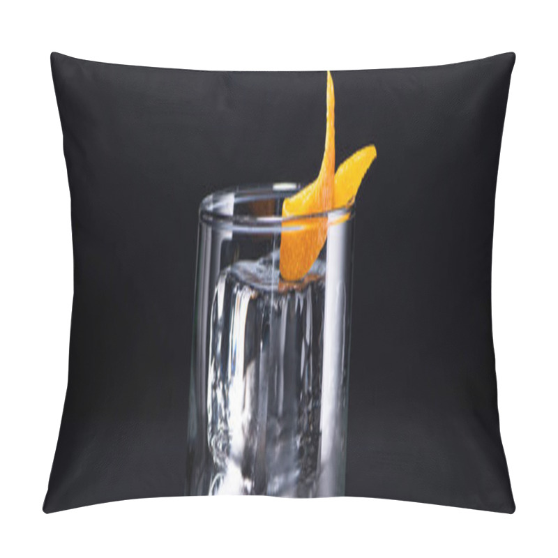 Personality  Transparent Glass With Ice Cube And Vodka Garnished With Orange Peel Isolated On Black, Panoramic Shot Pillow Covers