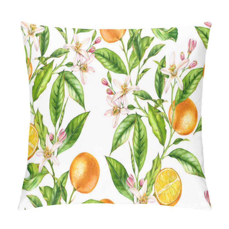 Personality  Orange Fruit Seamless Pattern Tree Branch With Flowers Realistic Botanical Floral Surface Design: Whole Half Citrus Leaves Isolated On White Hand Drawn For Textile Wallpaper Pillow Covers