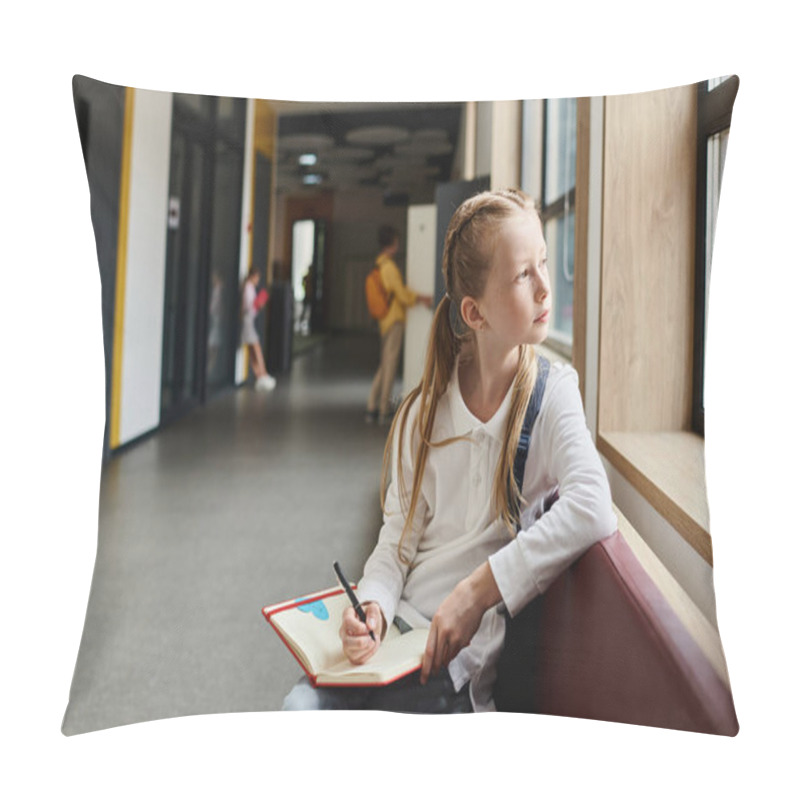 Personality  A Young Girl With A Focused Expression Sits On A Window Sill, Writing In A Notebook As Sunlight Streams In Through The Glass Pane. Pillow Covers