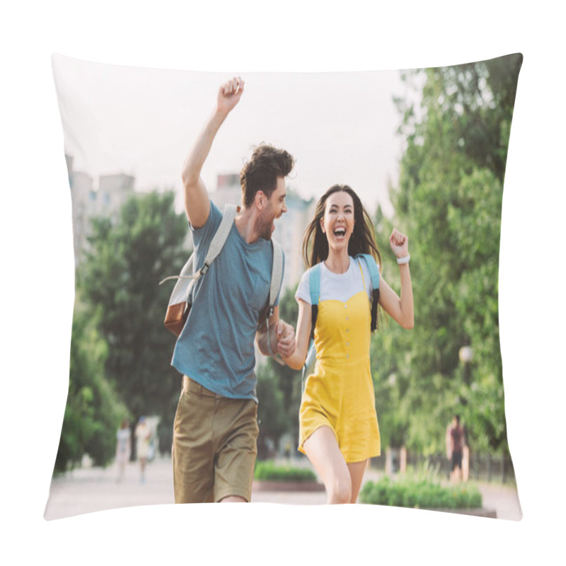 Personality  Handsome Man And Asian Woman Running And Showing Yes Gesture  Pillow Covers