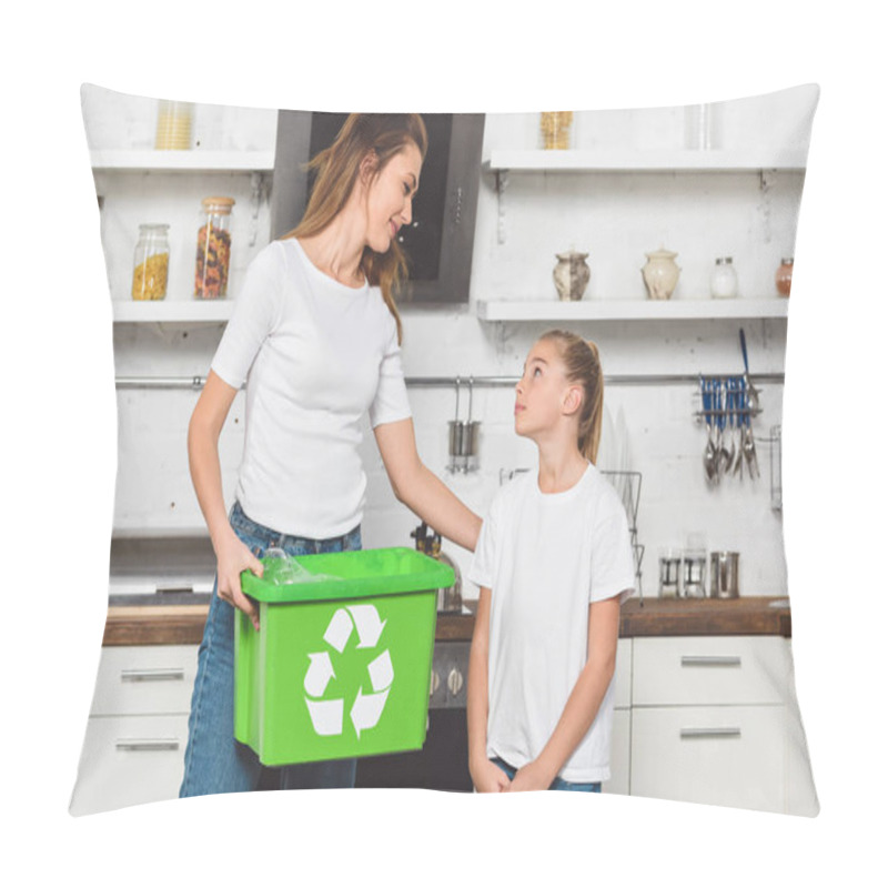 Personality  Mother Holding Green Recycle Box And Looking At Daughter Pillow Covers