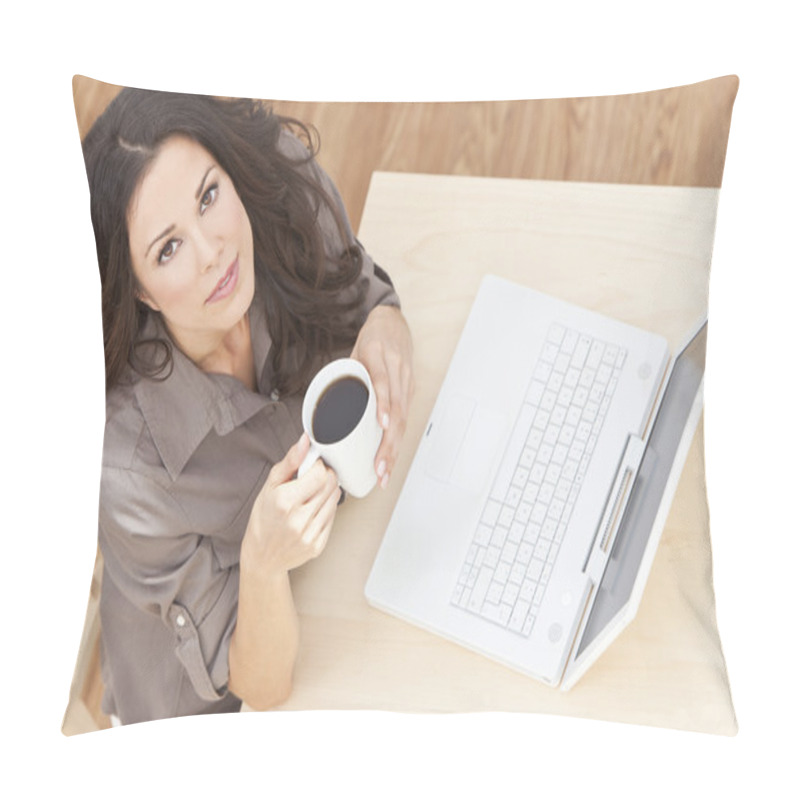 Personality  Woman Using Laptop Computer At Home Drinking Tea Or Coffee Pillow Covers