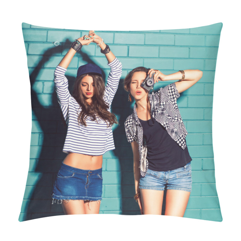 Personality  Young People Having Fun In Front Of Light Blue Brick Wall Pillow Covers