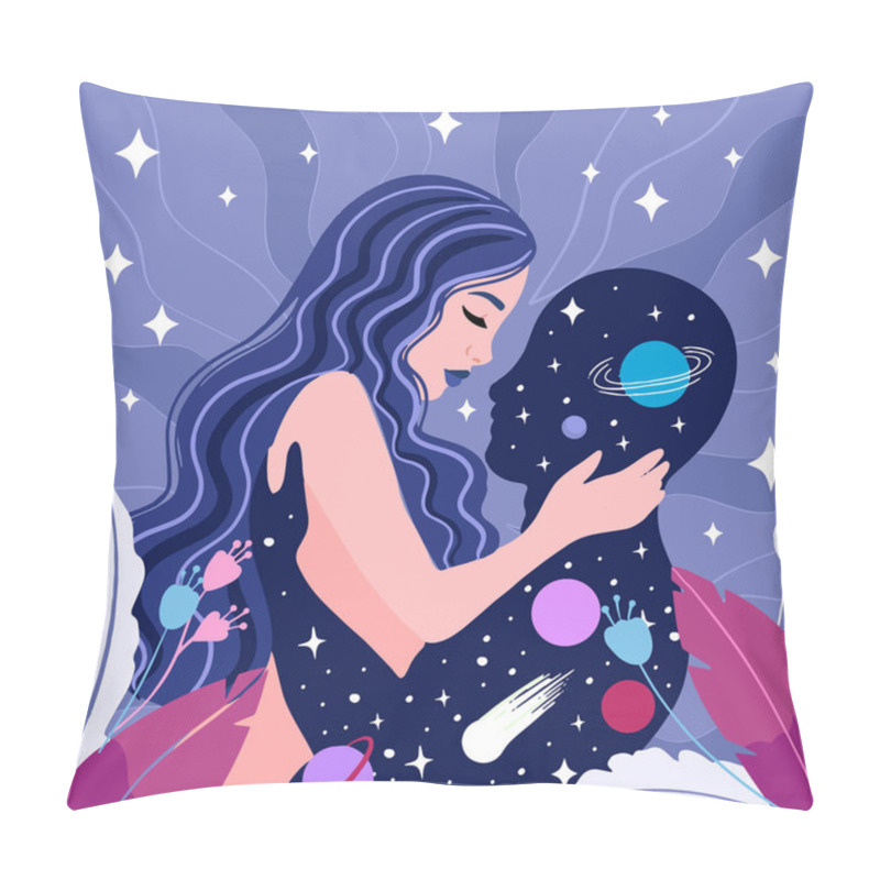 Personality  Spiritual Girl,merging With The Universe, Space Love. Dream, Thought And Meditation Concept. Pillow Covers