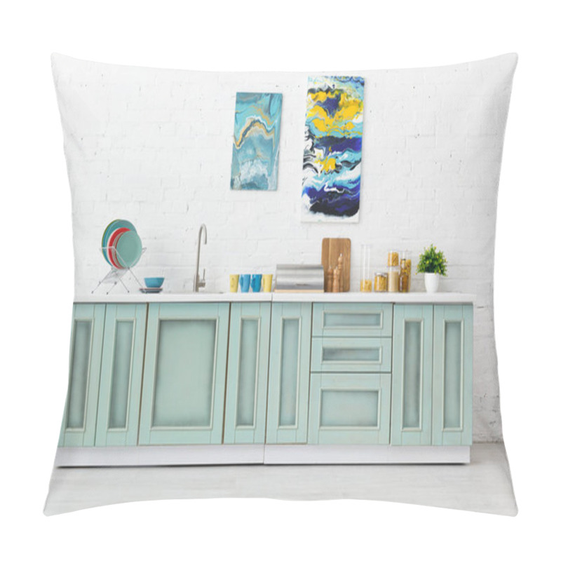 Personality  Modern White And Turquoise Kitchen Interior With Kitchenware And Abstract Paintings On Brick Wall Pillow Covers