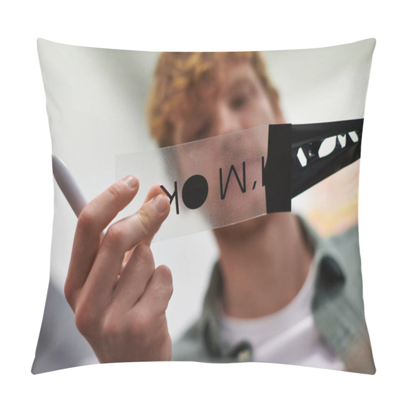 Personality  Low Angle View Of Young Blurred Craftsman Holding Tool And Printing Layer While Working In Blurred Print Studio, Small Business Owner Working On Project, Close Up, Creative Process, Workflow  Pillow Covers