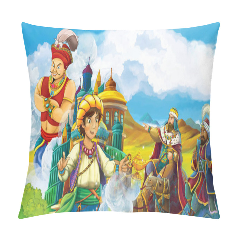 Personality  Cartoon Scene With Prince Or Magician Looking At Travelers On Camels In The Background - Sorcerer Is Flying Over The City - Illustration For Children Pillow Covers