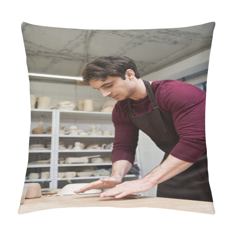 Personality  Elegant Ambitious Man In Apron Making Some Pottery In Studio. Pillow Covers