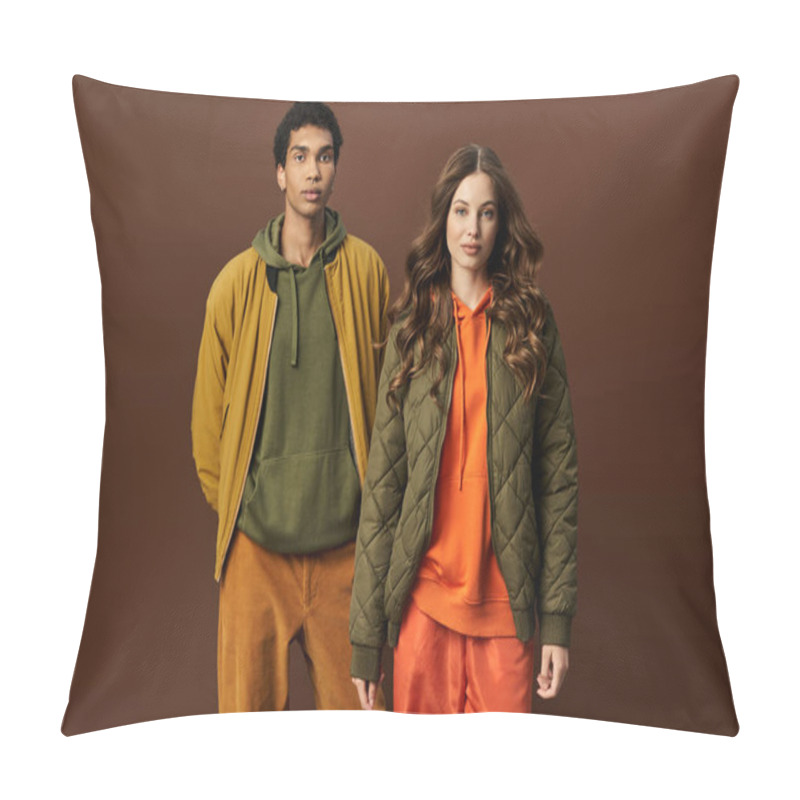 Personality  A Stylish Couple Presents Their Trendy Autumn Outfits In Rich, Vibrant Hues That Pop. Pillow Covers