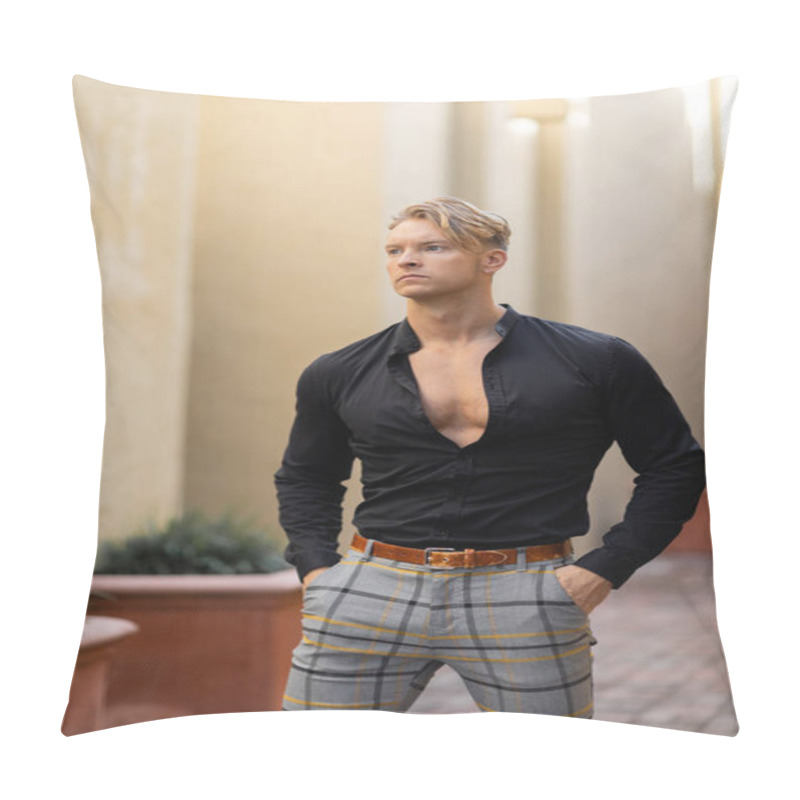 Personality  A Handsome Blonde Man In Stylish Attire Walks The Streets Of Orlando, Florida. Pillow Covers