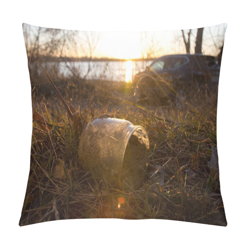 Personality  Discarded Plastic Waste In A Natural Environment By A Car Near A Lake. Emphasizes Environmental Pollution, Human Impact On Nature, And The Need For Sustainable Behavior Pillow Covers