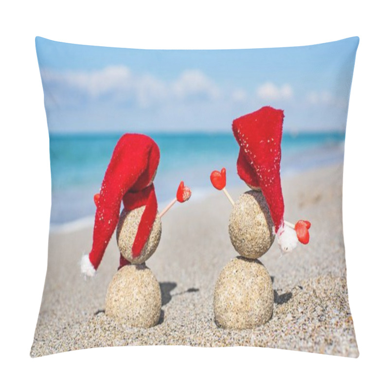 Personality  Sandy Snowmen On The Beach. New Years Holiday In Hot Countries Concept Pillow Covers