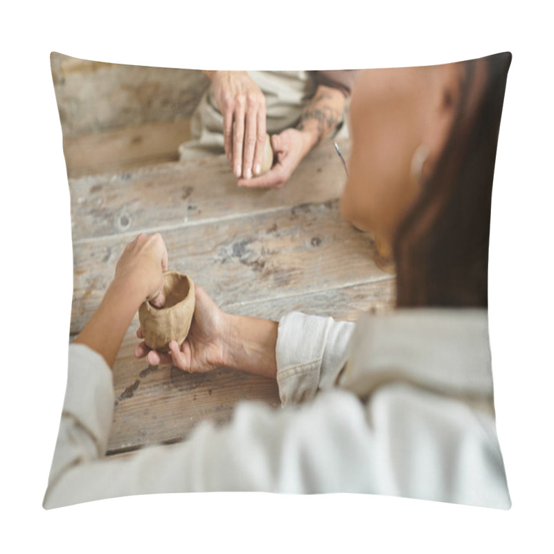 Personality  A Mature Couple Joyfully Shapes Clay During Their Pottery Class, Sharing Quality Time. Pillow Covers