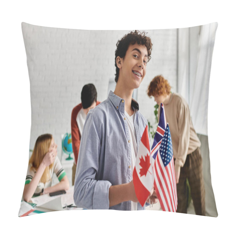 Personality  Teenage Boy Holds Canadian And American Flags During A UN Model Simulation. Pillow Covers