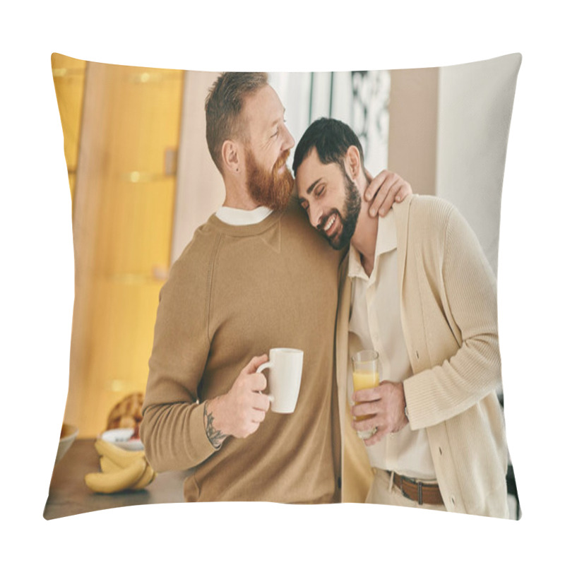 Personality  Two Men, A Happy Gay Couple, Hug Affectionately While Savoring Coffee In A Modern Kitchen, Showcasing Their Love And Connection. Pillow Covers