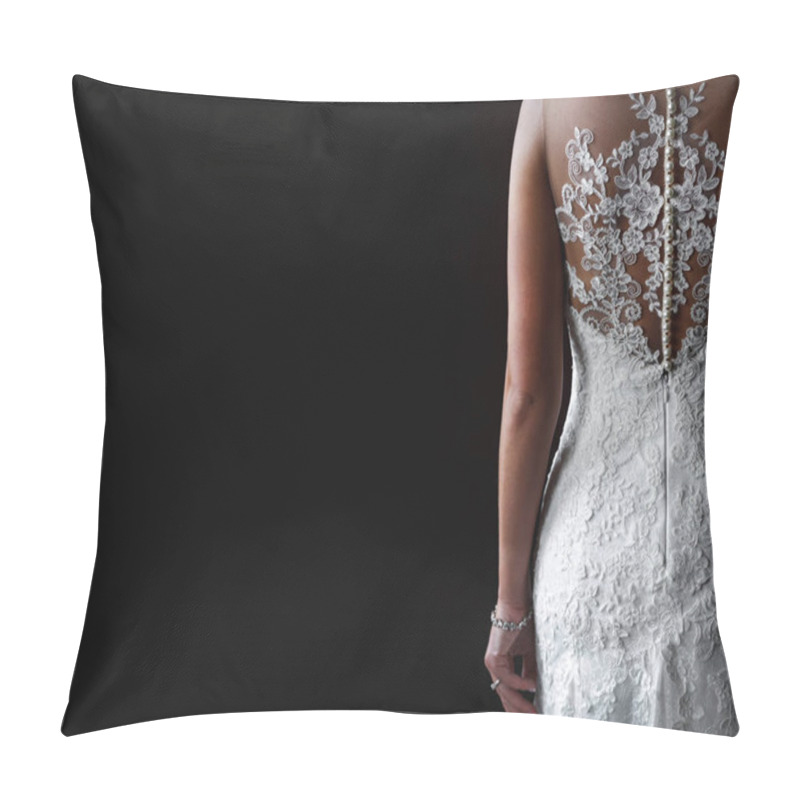 Personality  Back View Of Woman In Stylish Elegant Wedding Dress With Lace On Black Background Pillow Covers