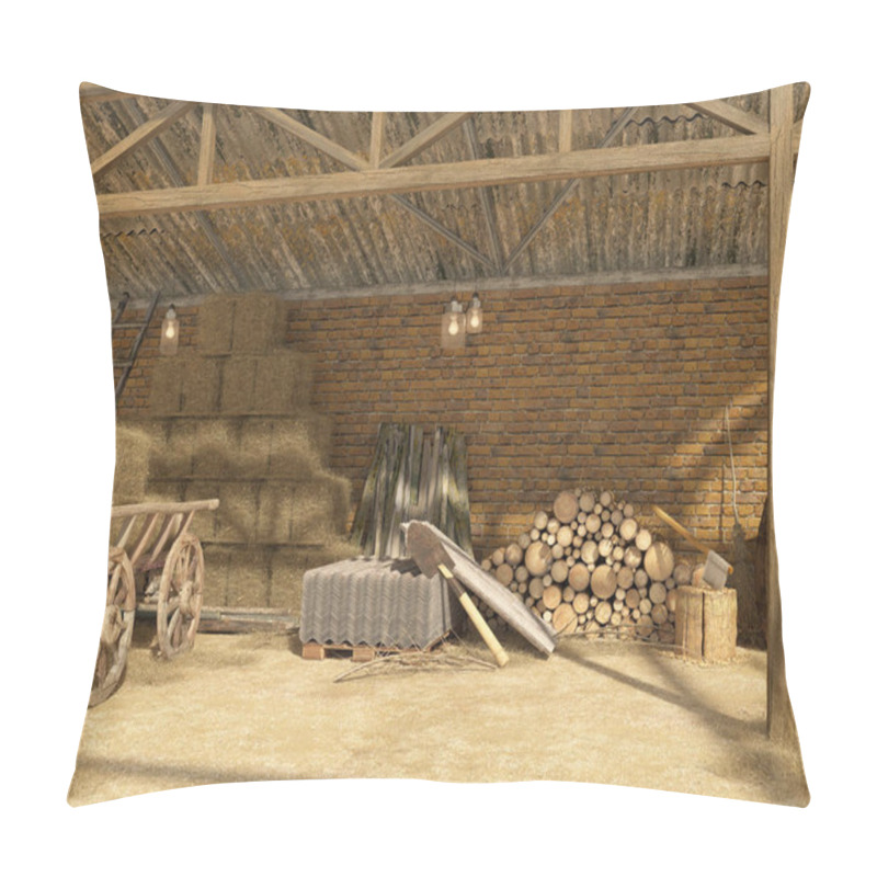 Personality  Old Rural Barn With Bales Of Hay, Firewood, Tools For Work. An Old Cart With Hay Under A Canopy. 3D Visualization. Pillow Covers