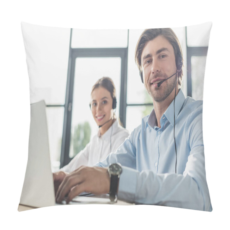 Personality  Male And Female Call Center Managers Working Together At Modern Office And Looking At Camera Pillow Covers