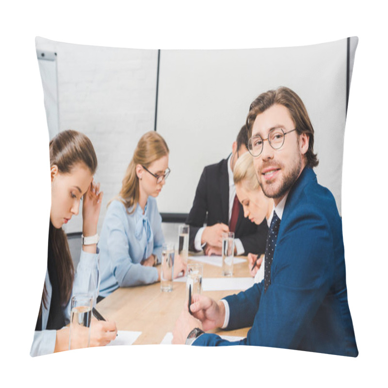 Personality  Smiling Young Businessman Sitting At Conference Hall With Colleagues During Conversation Pillow Covers